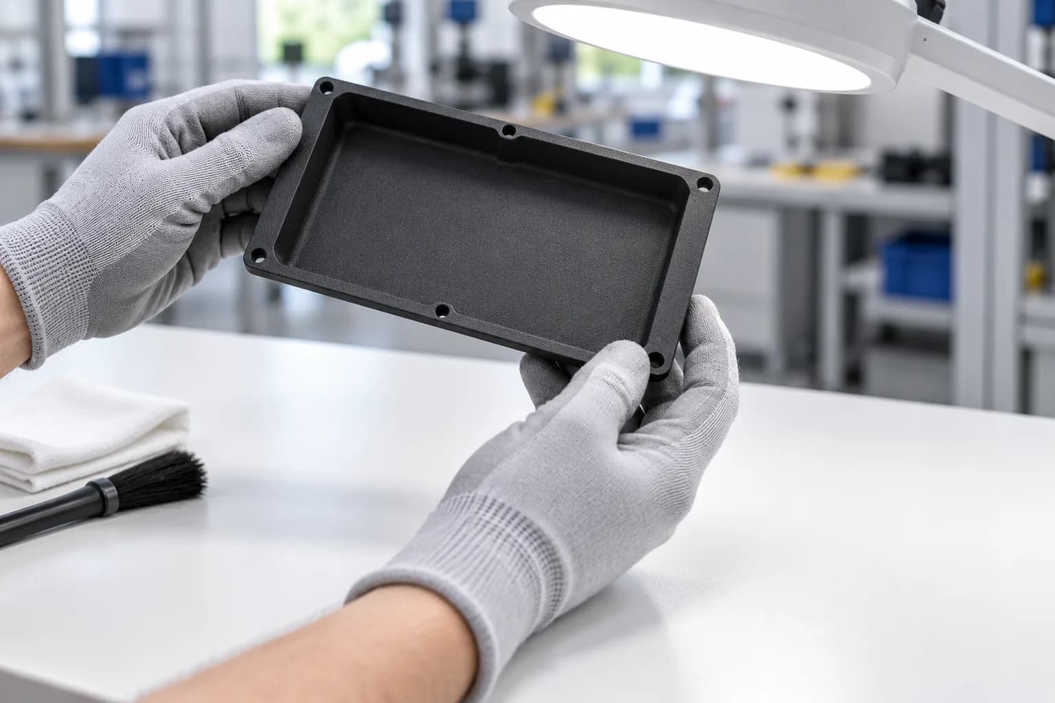 Gloved hands turning a matte MJF nylon cover under a bright inspection lamp at a clean white workbench