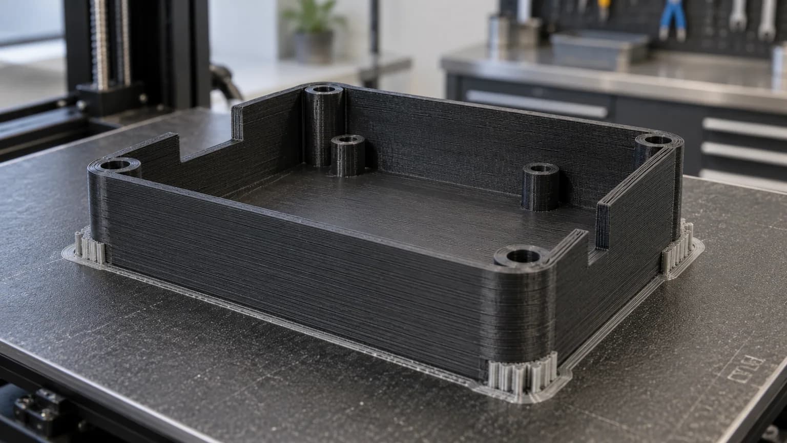 Black FDM enclosure positioned with its broad mounting face parallel to an industrial build tray