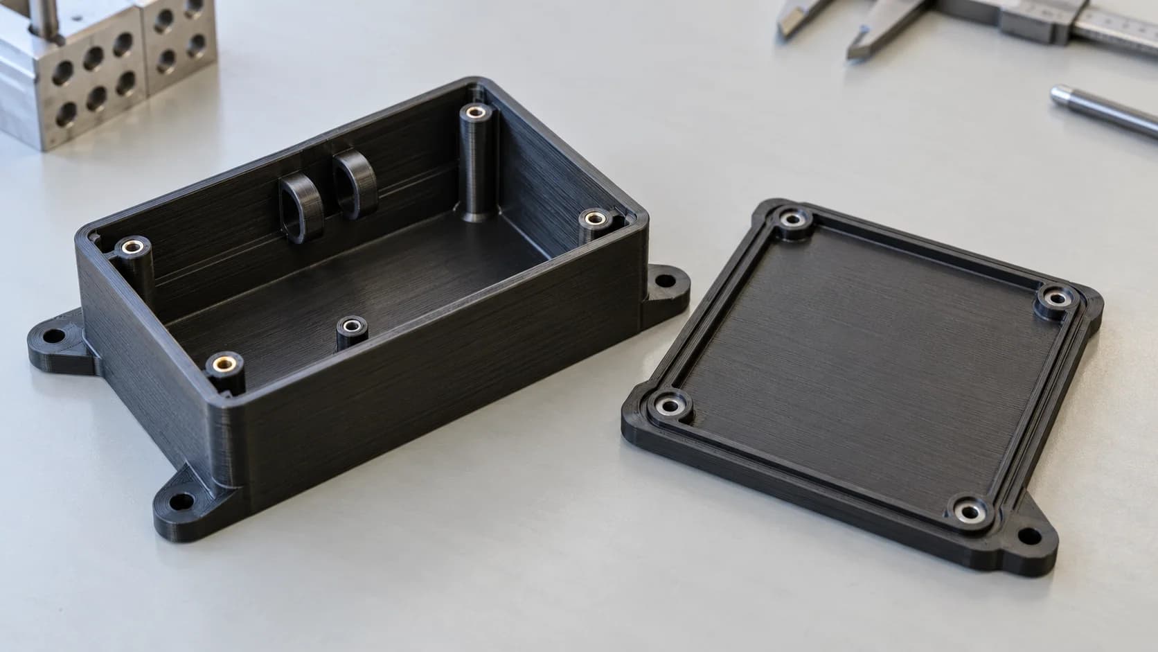 Matte black FDM electronics enclosure with mounting features and an open cavity on a clean manufacturing bench