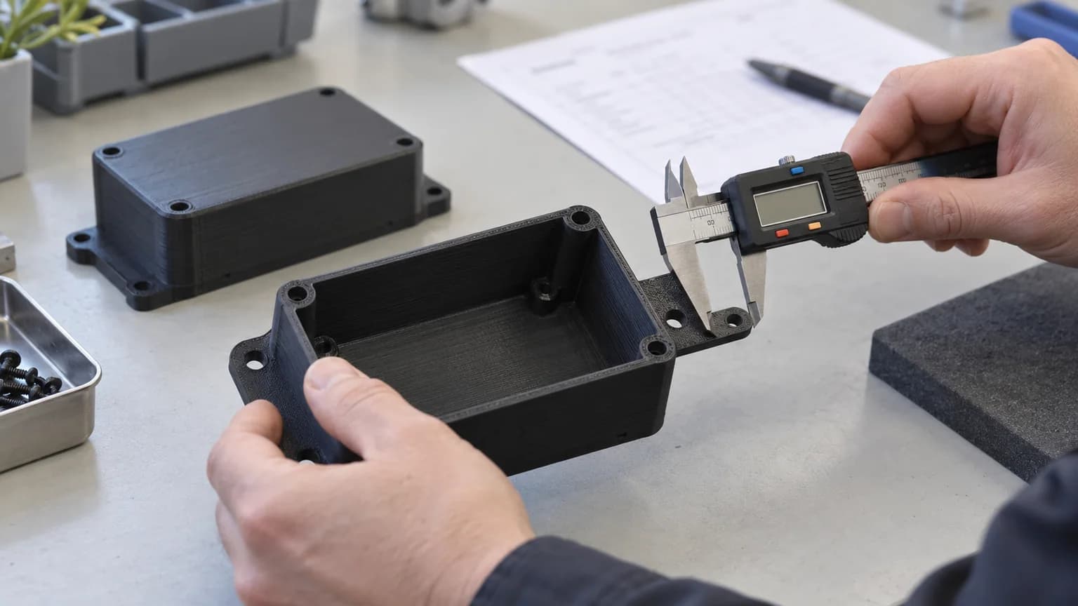 Technician checking a printed enclosure mounting interface with digital calipers
