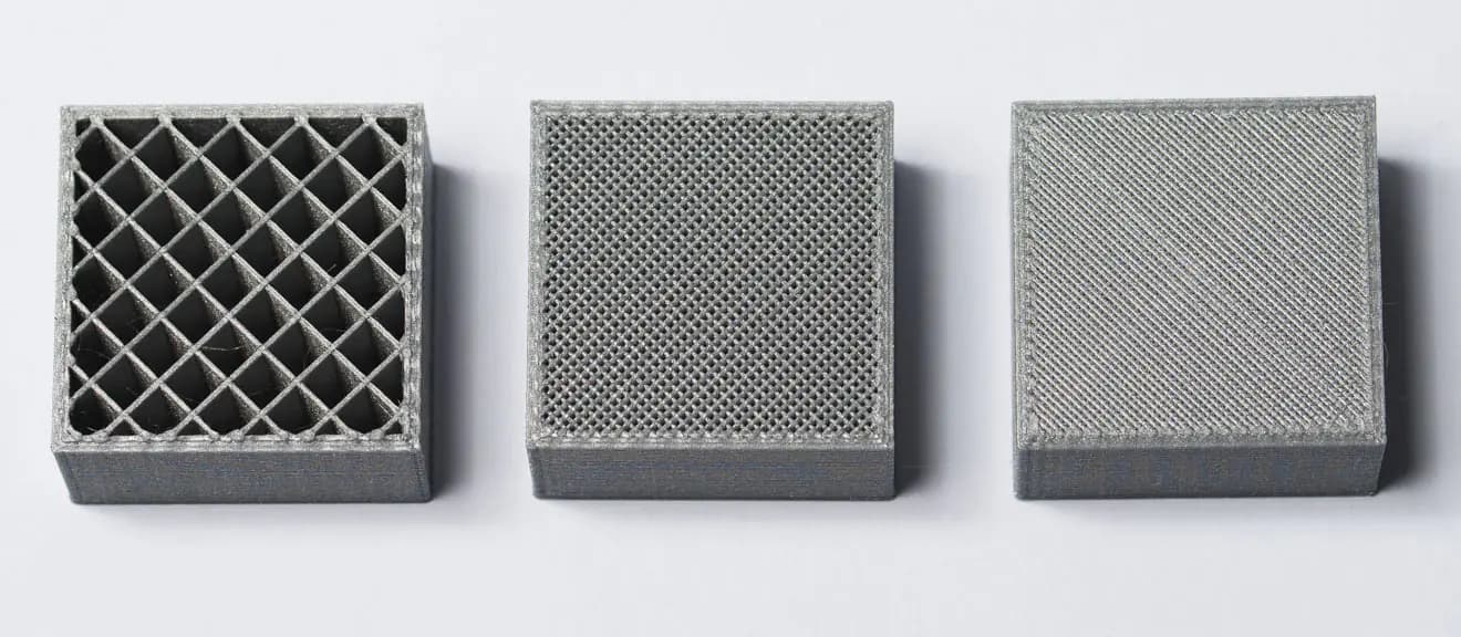 Comparison of different FDM infill densities showing impact on watertightness
