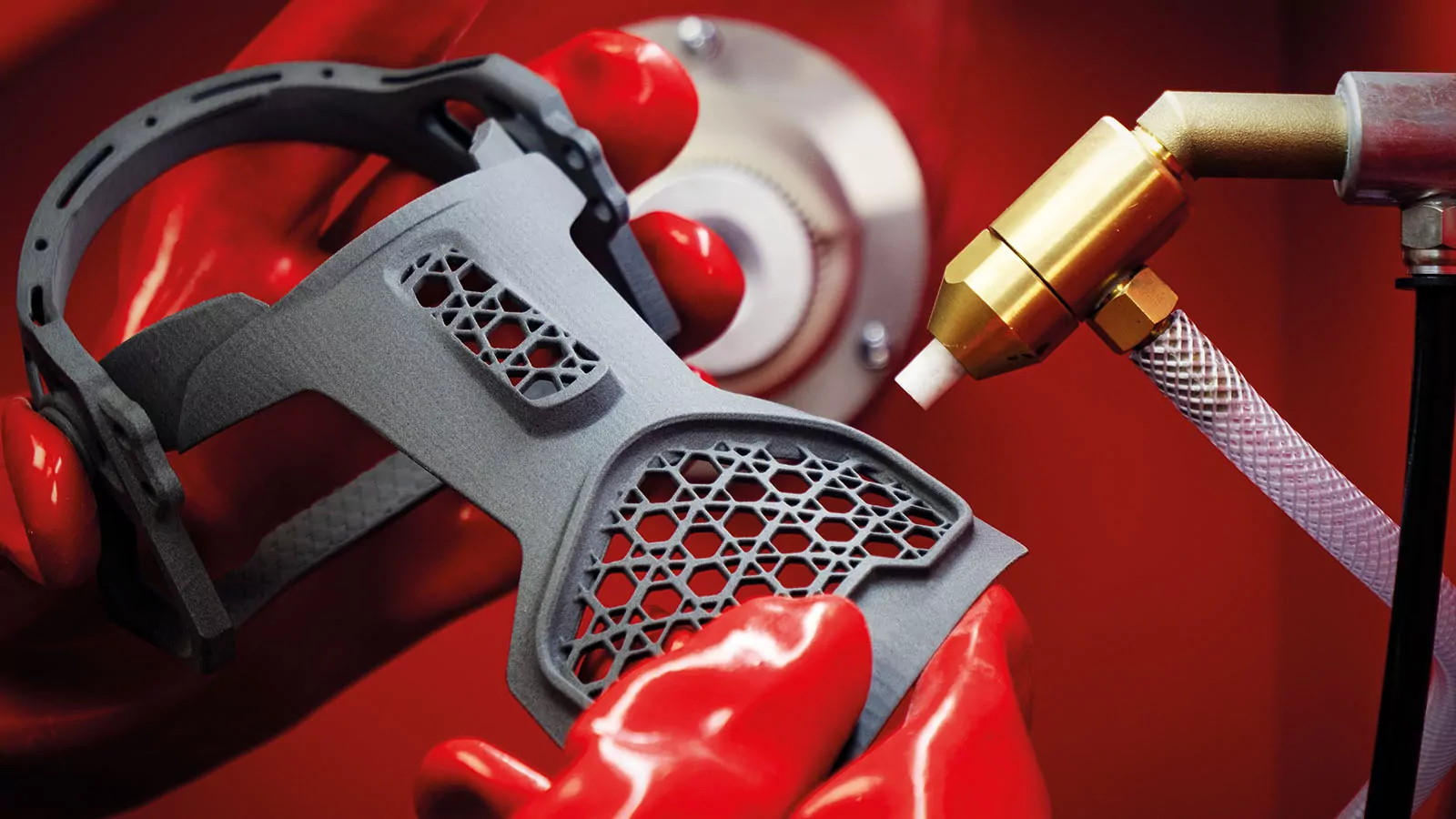 Bead blasting a nylon 3D printed part in a blast cabinet