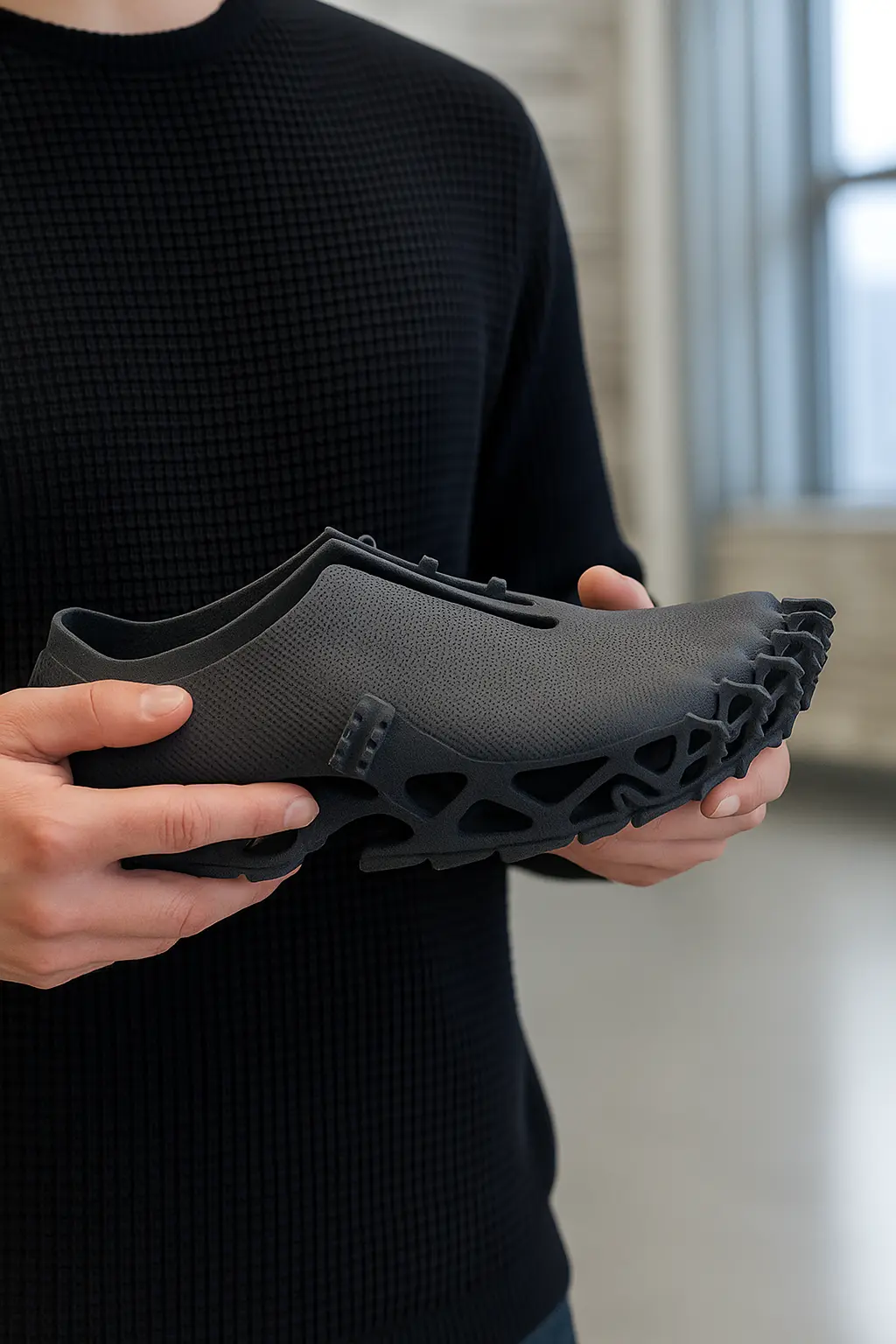 Hands holding a matte black 3D printed shoe with a lattice sole