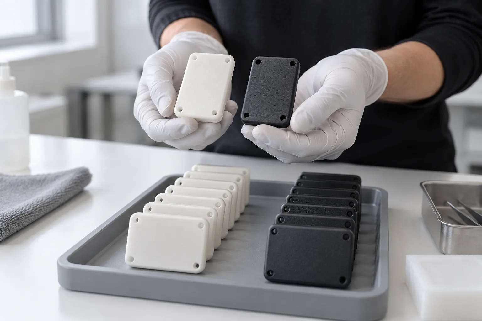 White and dyed-black printed enclosures sorted in a tray