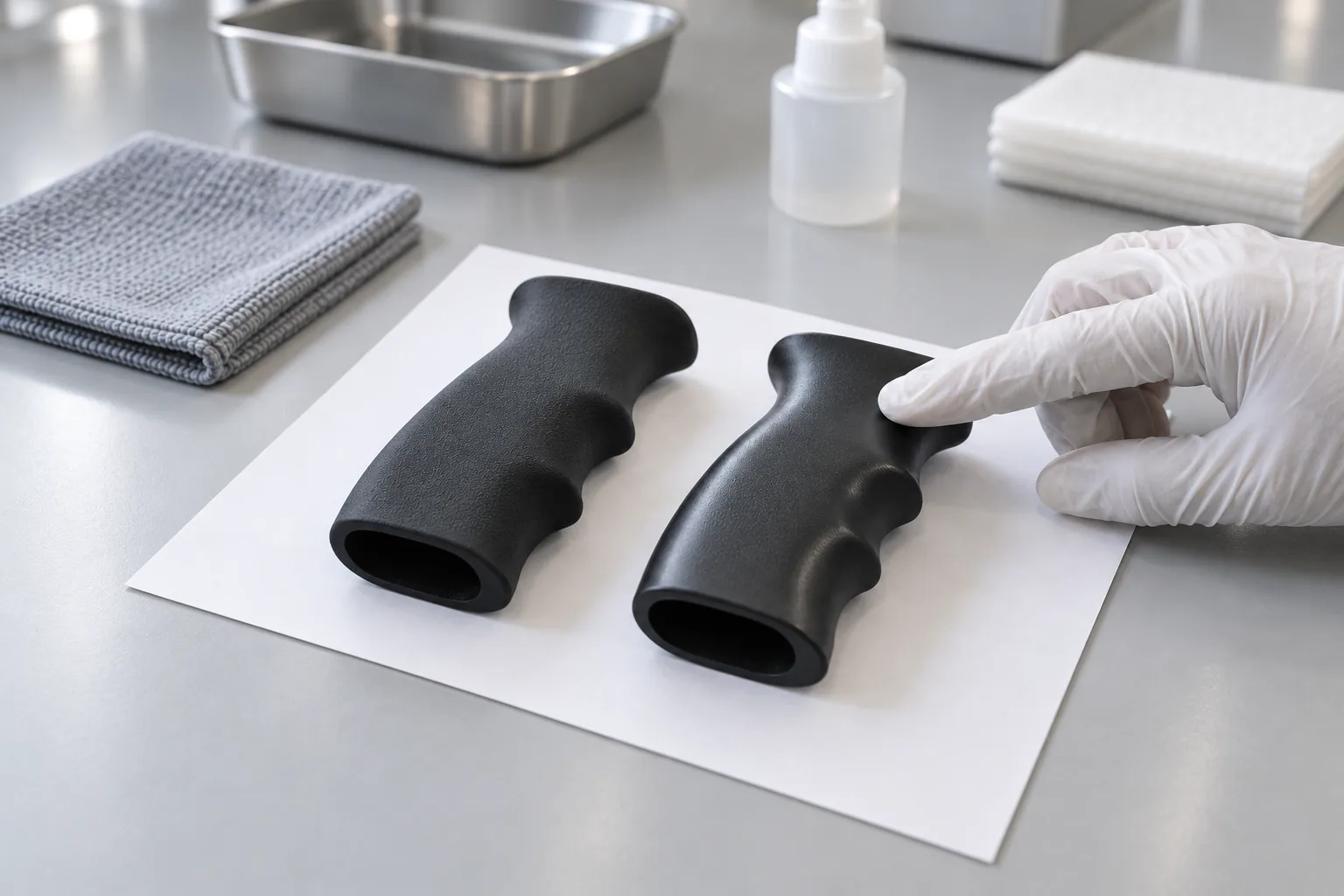 Vapor-smoothed black printed grips on a workbench