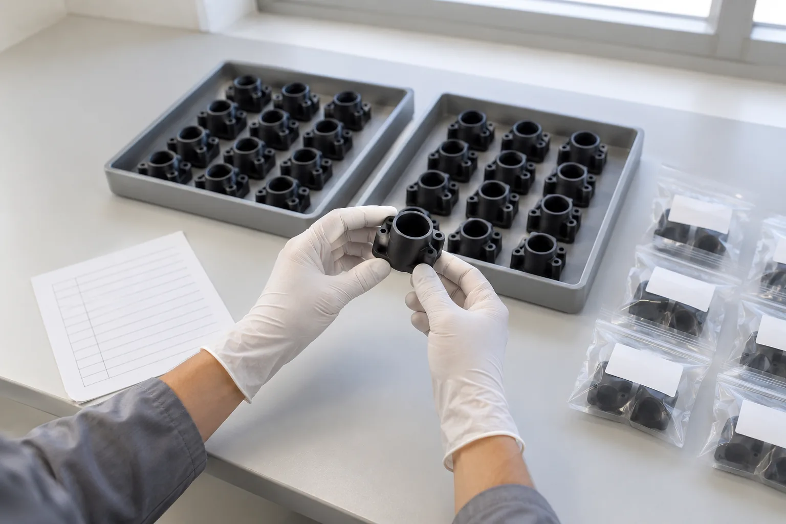 Inspector checking a black printed part from a bagged production lot