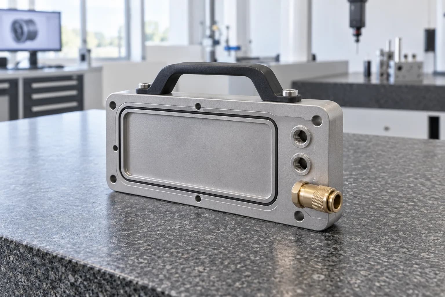 Machined metal plate with an O-ring groove, threaded ports, a quick-connect fitting and a handle