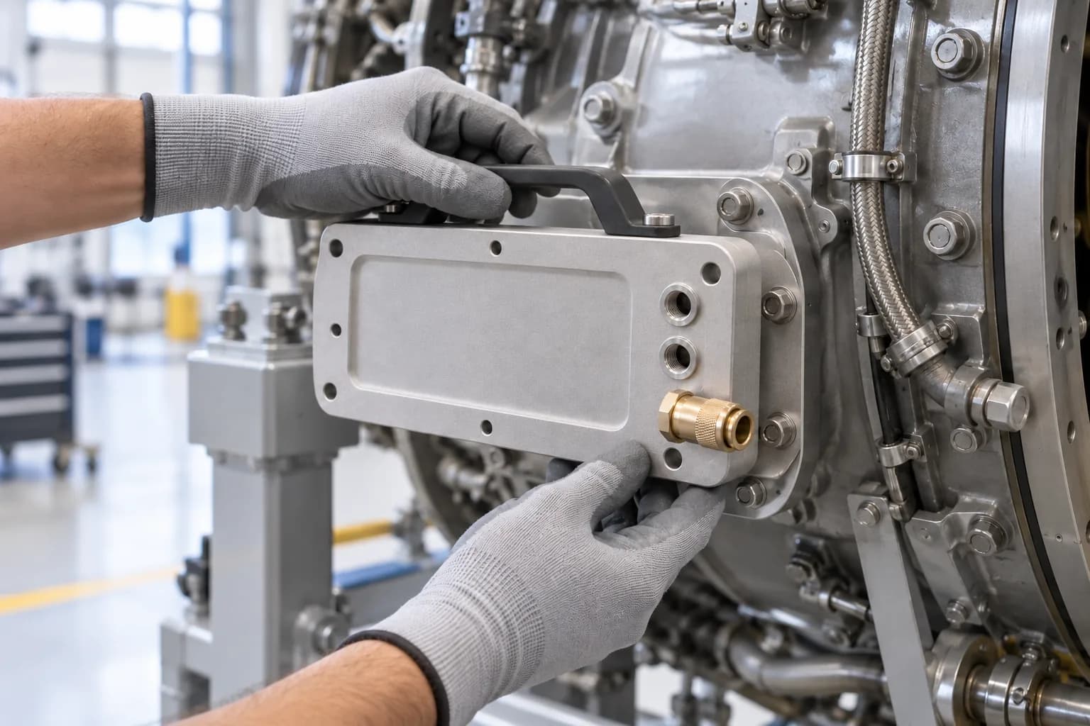 3D printed stainless test plate fitted to an engine during maintenance