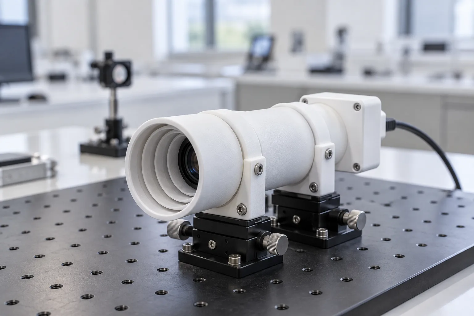 White SLS nylon sensor barrel and housing on an optical bench