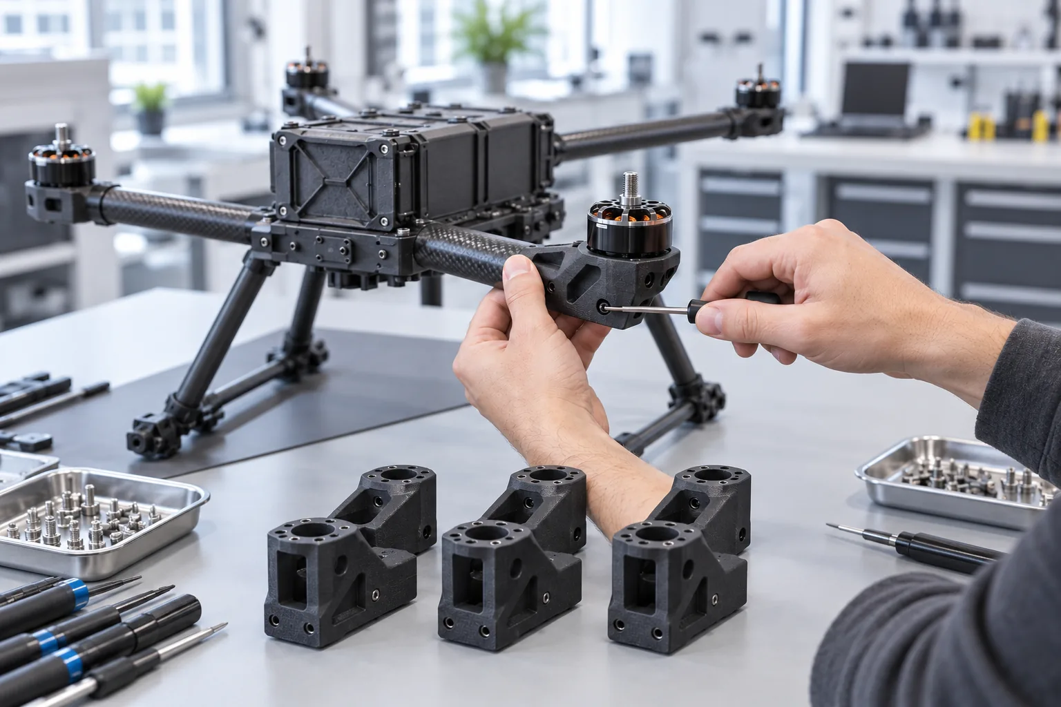 Black SLS nylon motor mounts being fitted to a drone airframe