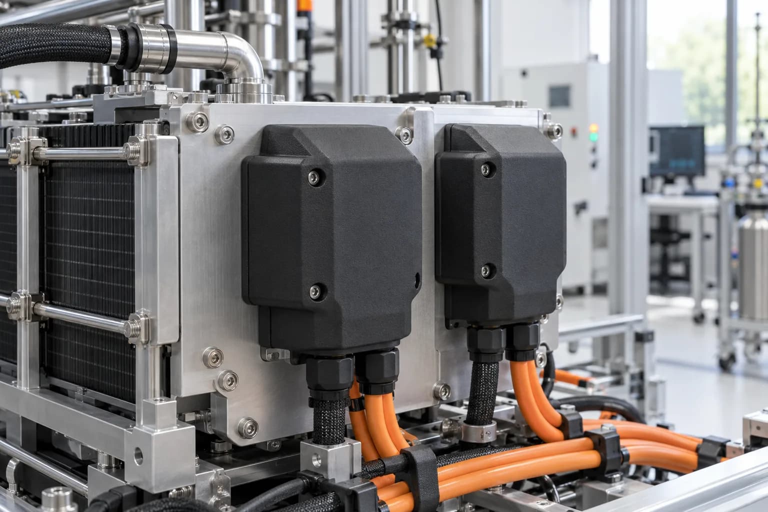 Black MJF nylon covers fitted over electrical connections on a fuel cell module