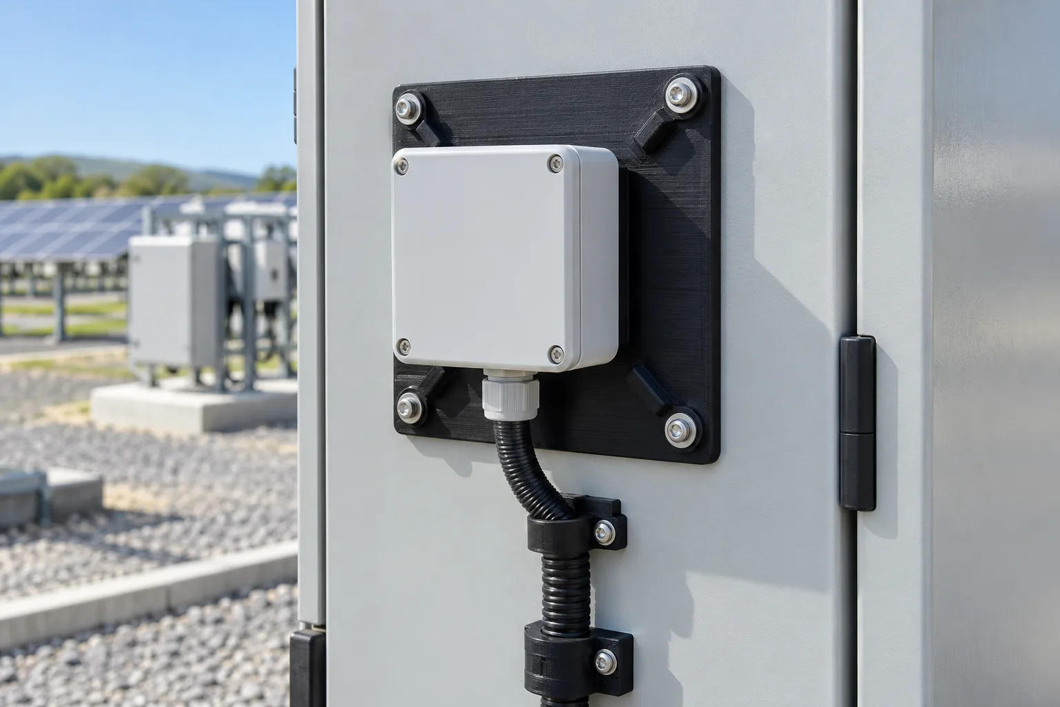 Black ASA mounting plate fitted to an outdoor electrical cabinet