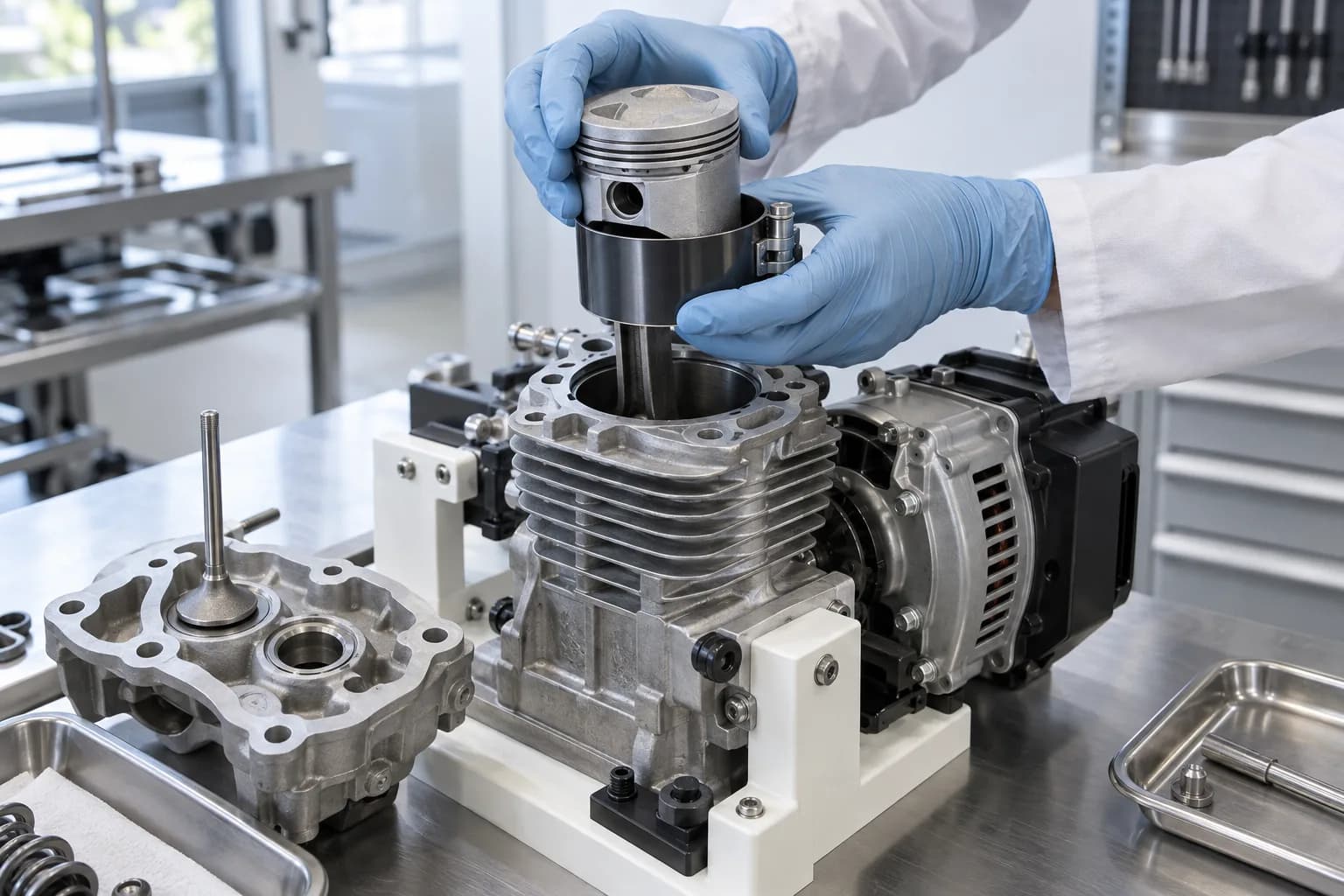 Piston being fitted into a finned cylinder on an engine test stand