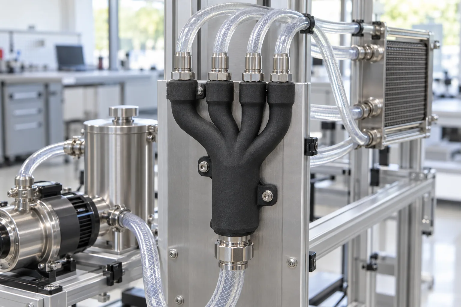 Printed separator grids, pin-fin cold plate and nylon manifold block