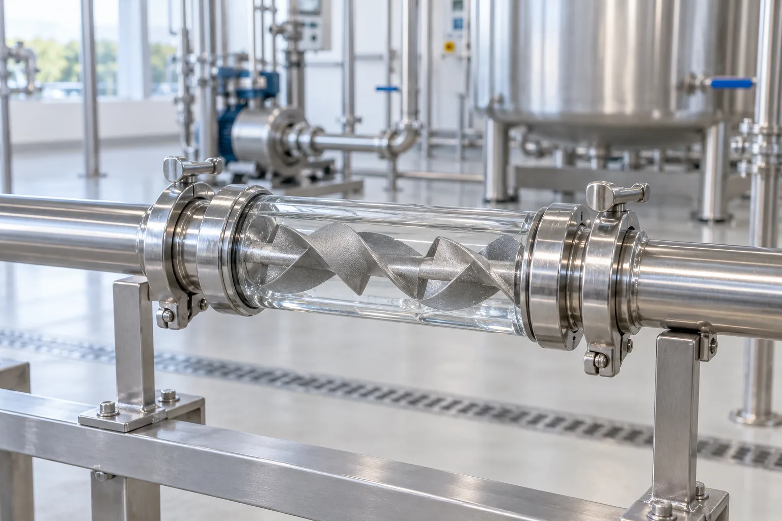 Stainless steel process line with sanitary tri-clamp fittings around a clear inline section