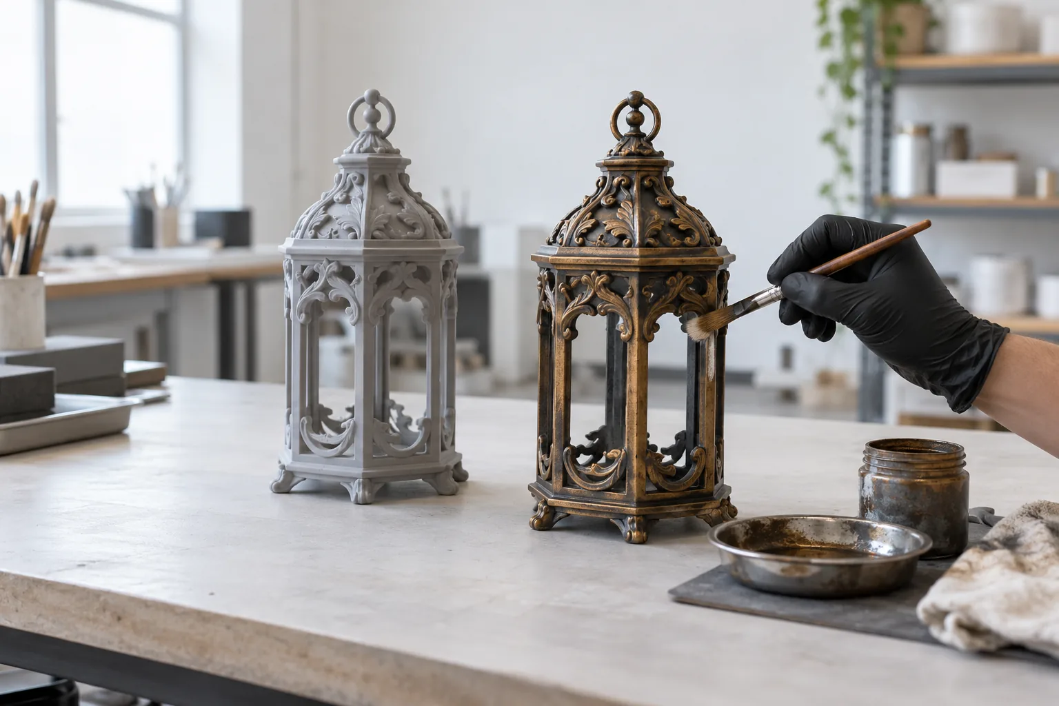 Printed lantern prop shown raw beside a hand-painted copy