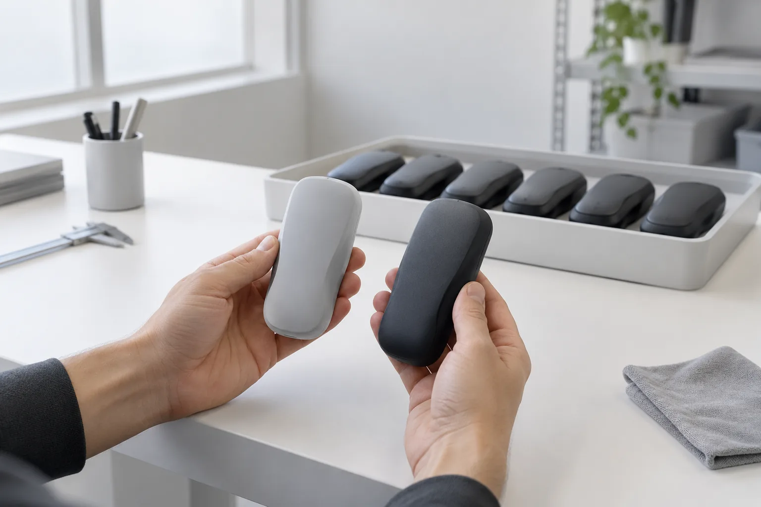 Grey and black printed handheld housings compared in hand