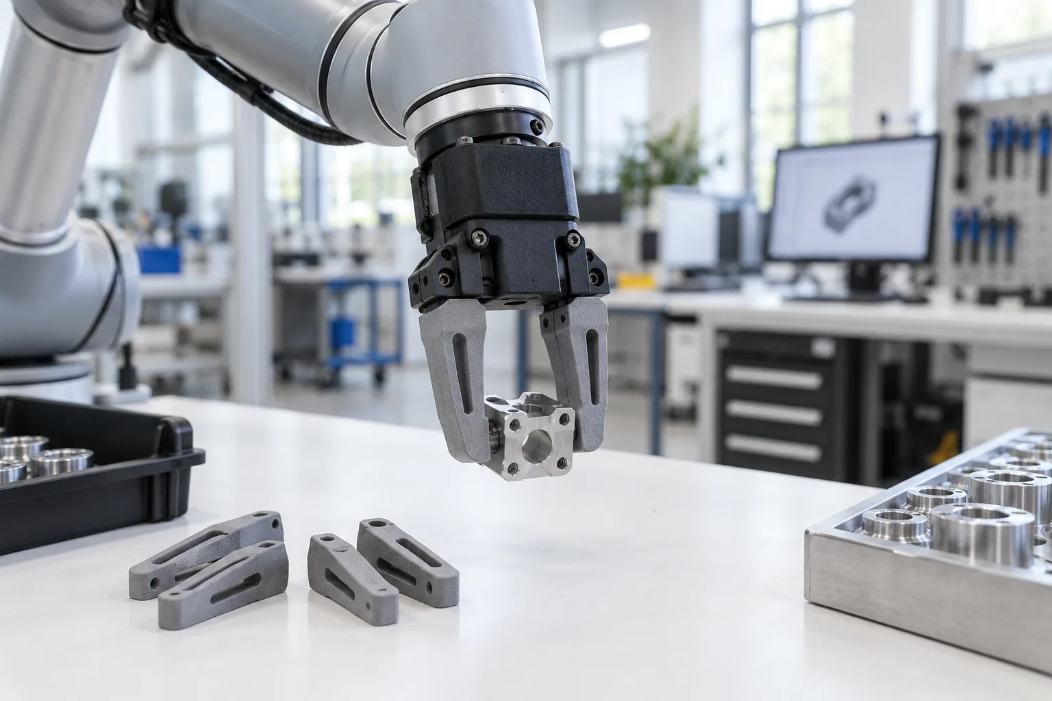 SLS nylon gripper fingers with printed-in flexures on a pick-and-place arm