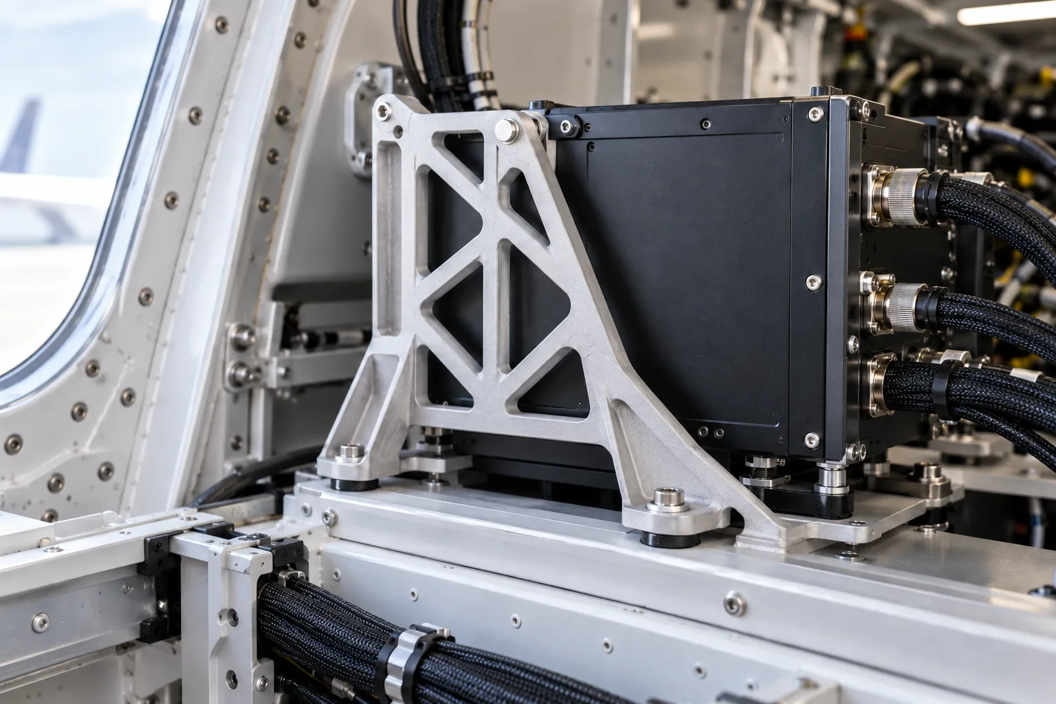 DMLS aluminium 6061 avionics bracket in an equipment bay
