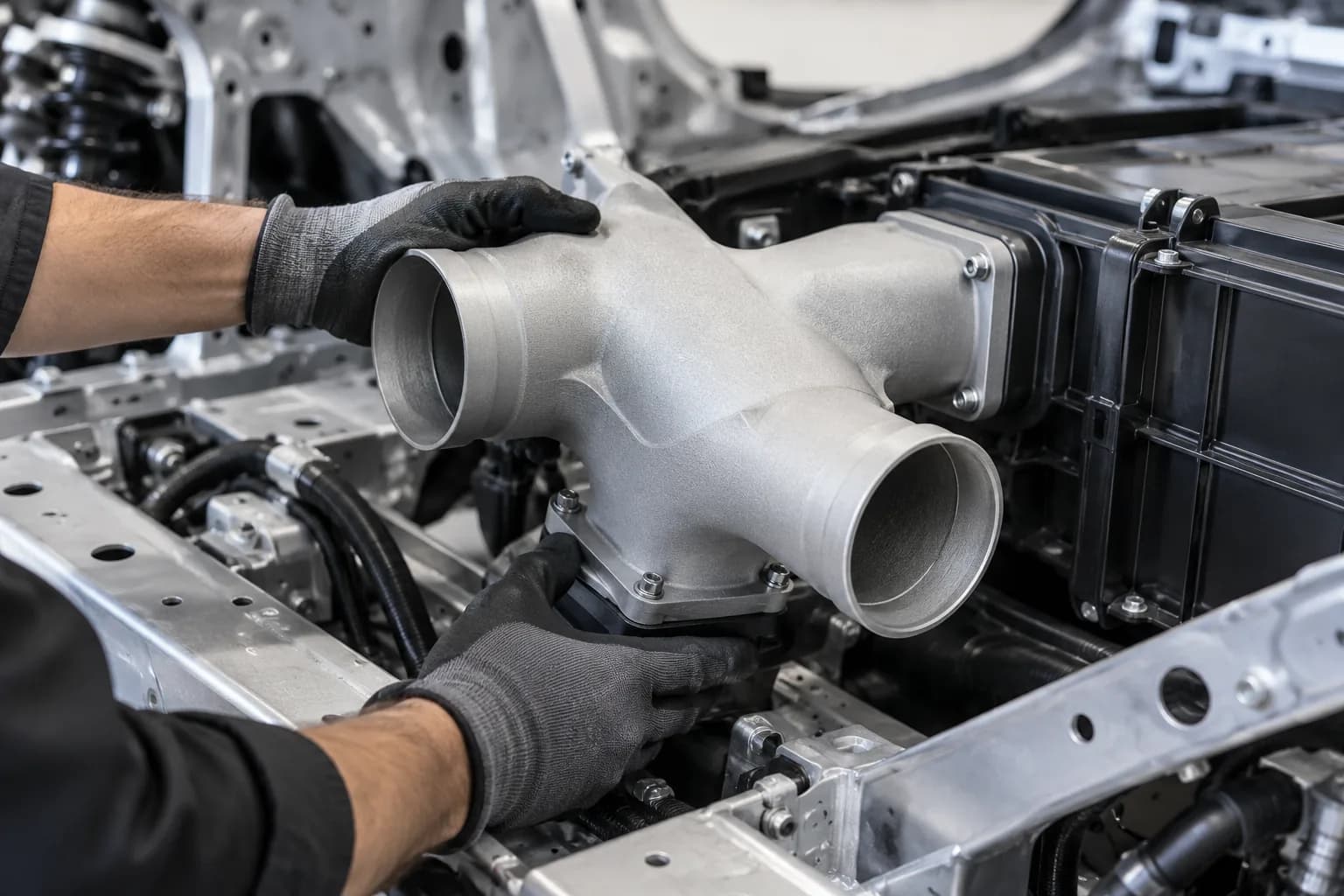 DMLS aluminium 6061 duct junction in a vehicle chassis