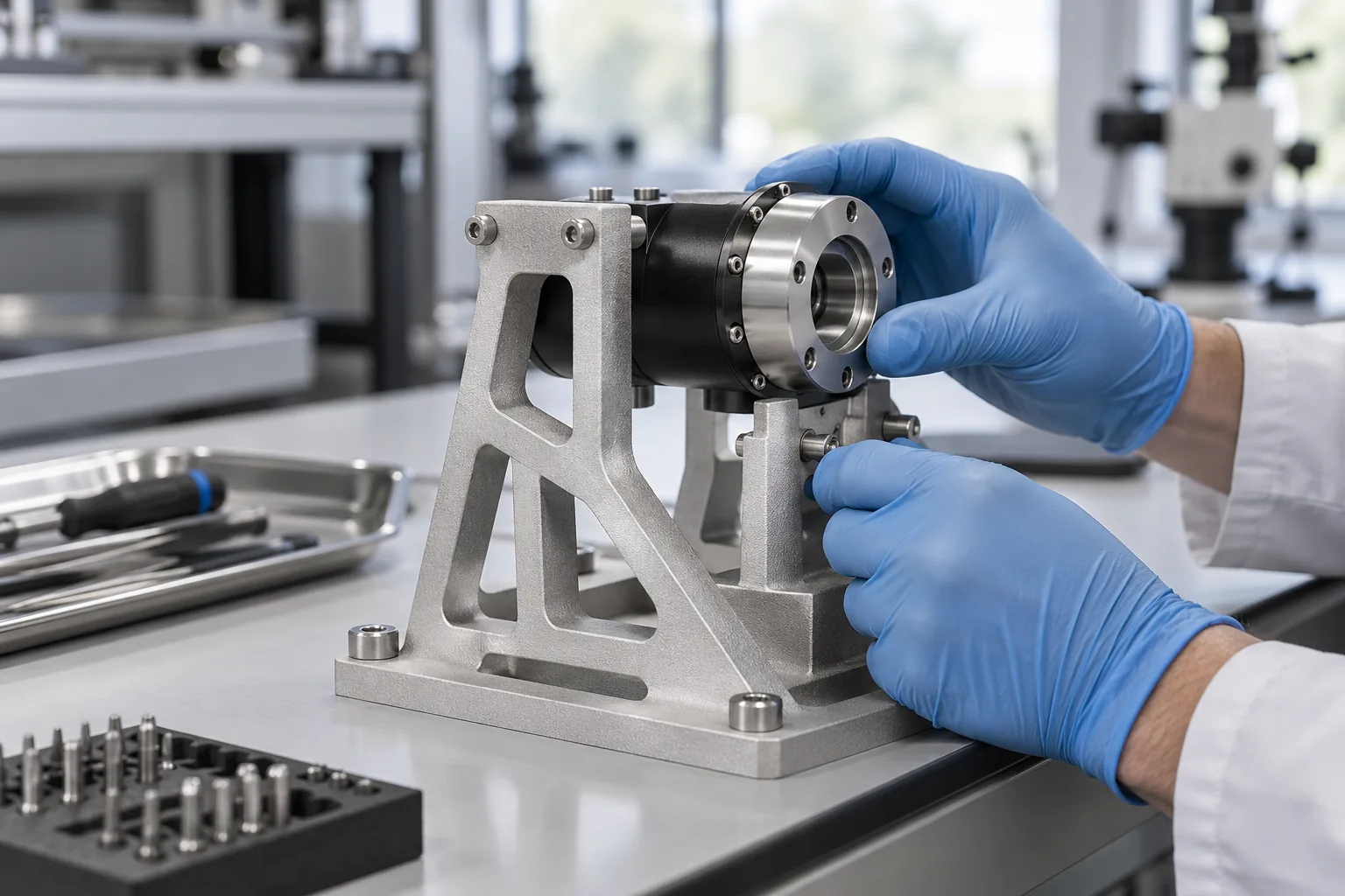 DMLS aluminium 6061 alignment fixture on a lab bench