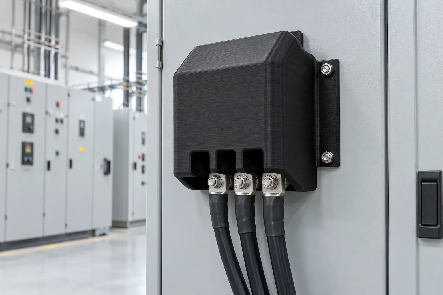 Black FDM ASA terminal cover on an electrical cabinet in a switchgear room