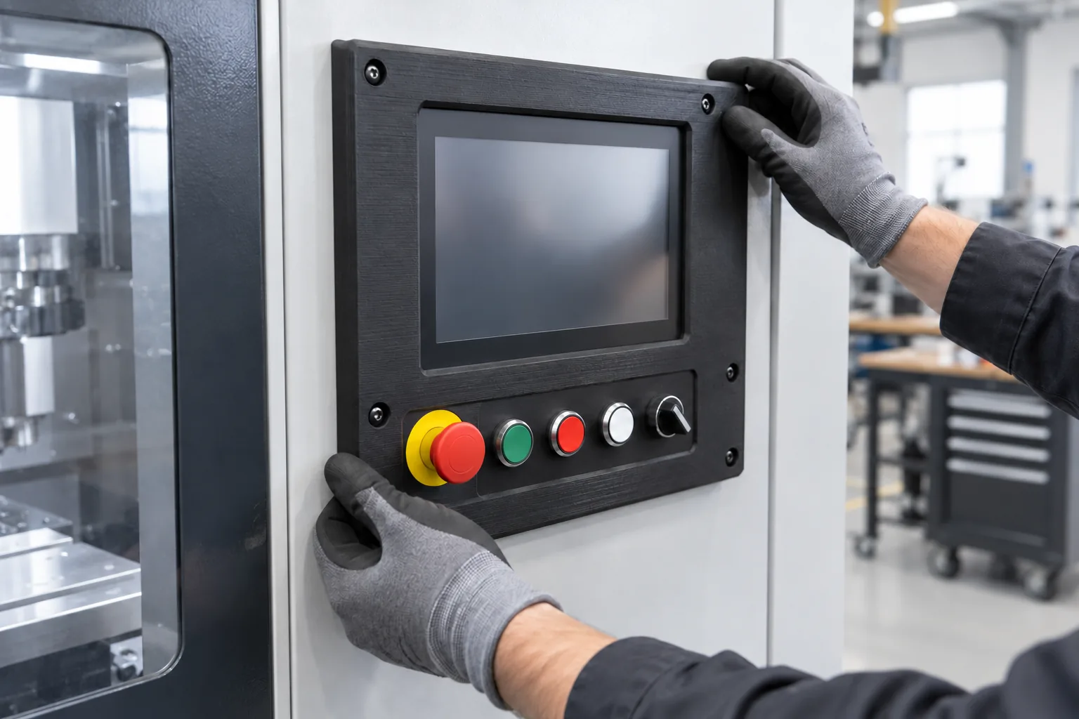 Black FDM control panel bezel on an industrial machine