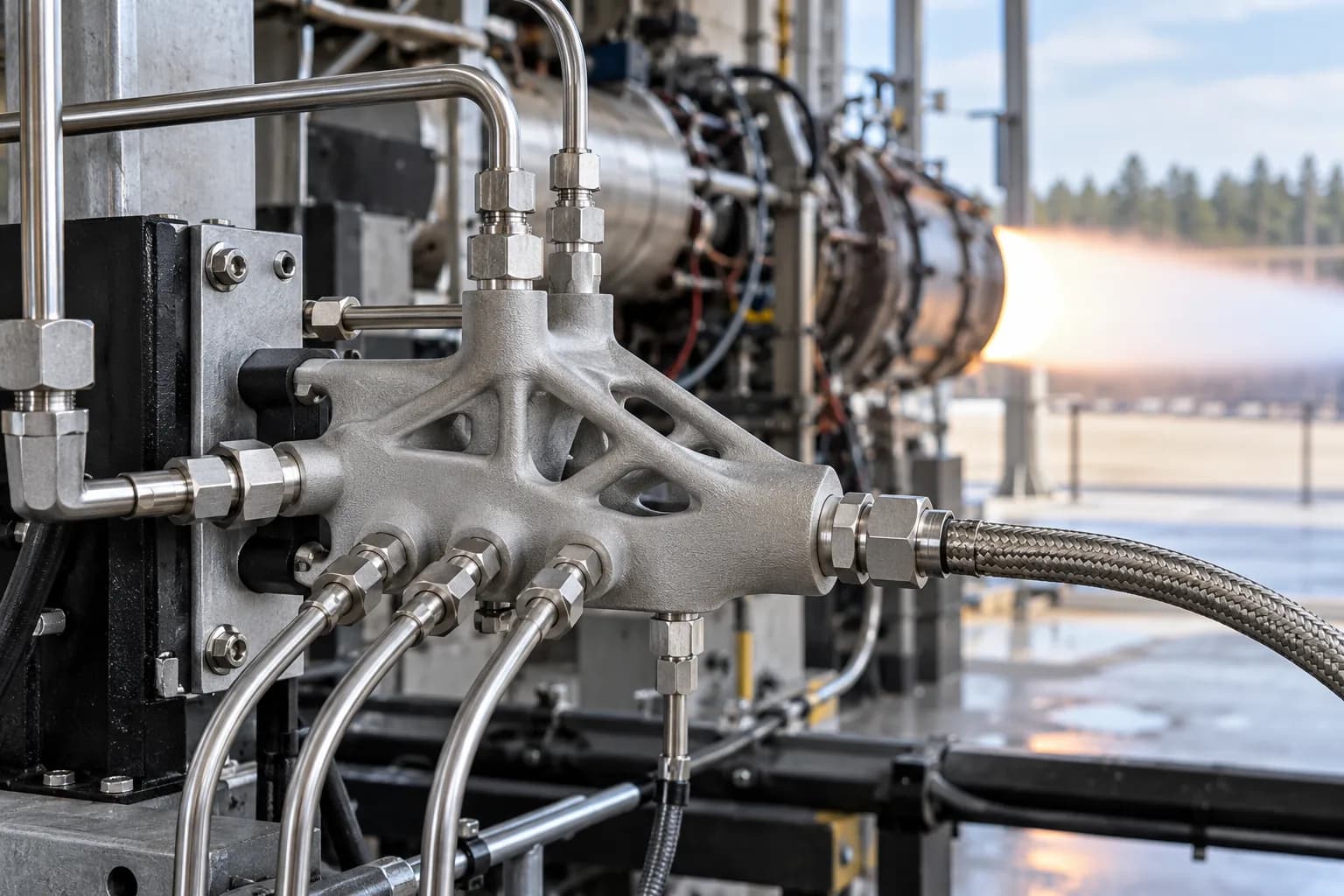DMLS 316L instrumentation manifold on a propulsion test stand