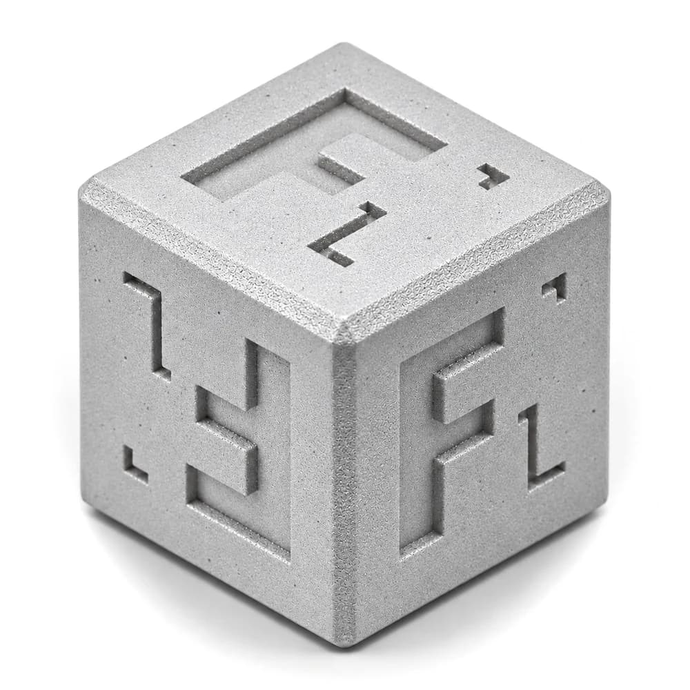 Forge Labs sample cube in bead-blasted DMLS aluminum 6061