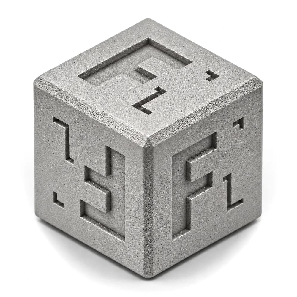 Forge Labs sample cube in bead-blasted DMLS stainless steel 316L