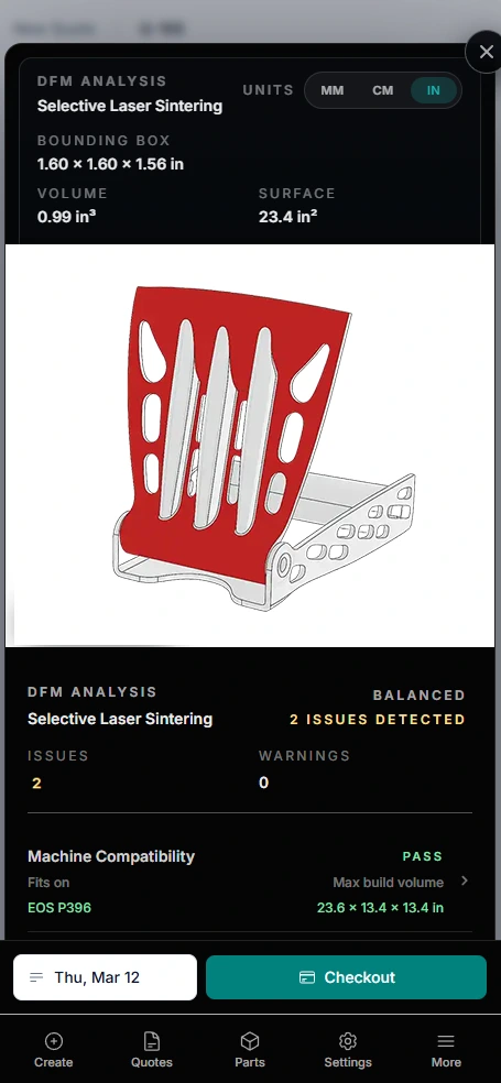 DFM analysis view in Forge Labs Steam shown inside a phone mockup