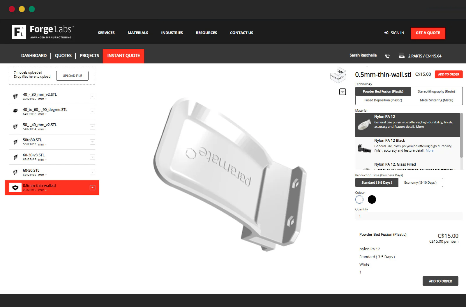 Forge Labs instant quoting tool interface showing cost calculation parameters