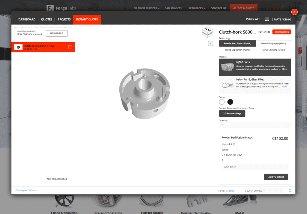 Quote Engine 2.0 interface showing instant 3D printing quotes and CAD file analysis