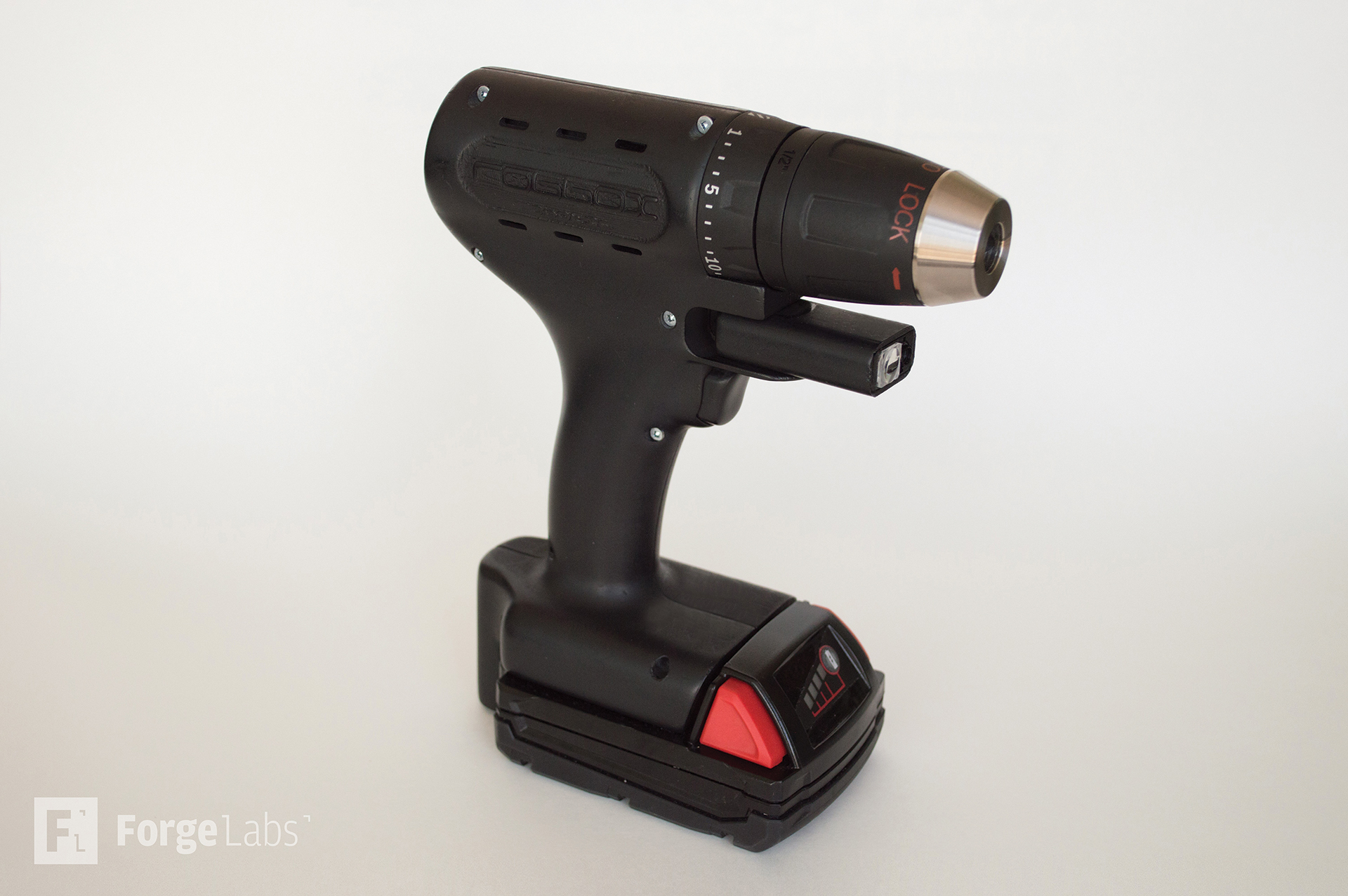 3D printed robotic drill enclosure showing thin-wall construction and ergonomic design