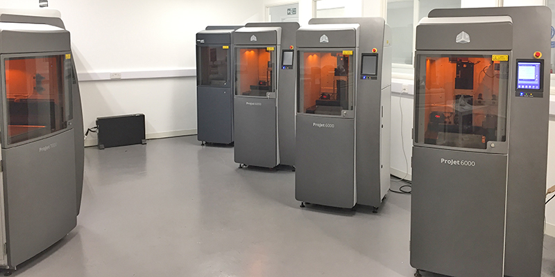Forge Labs SLA laboratory showing fleet of 3D Systems ProJet 6000 HD printers