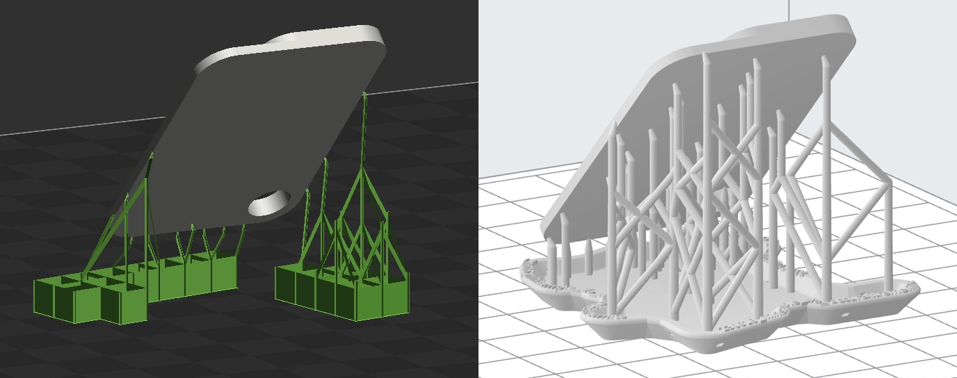 Comparison of 3D Systems supports versus Formlabs supports showing touchpoint differences