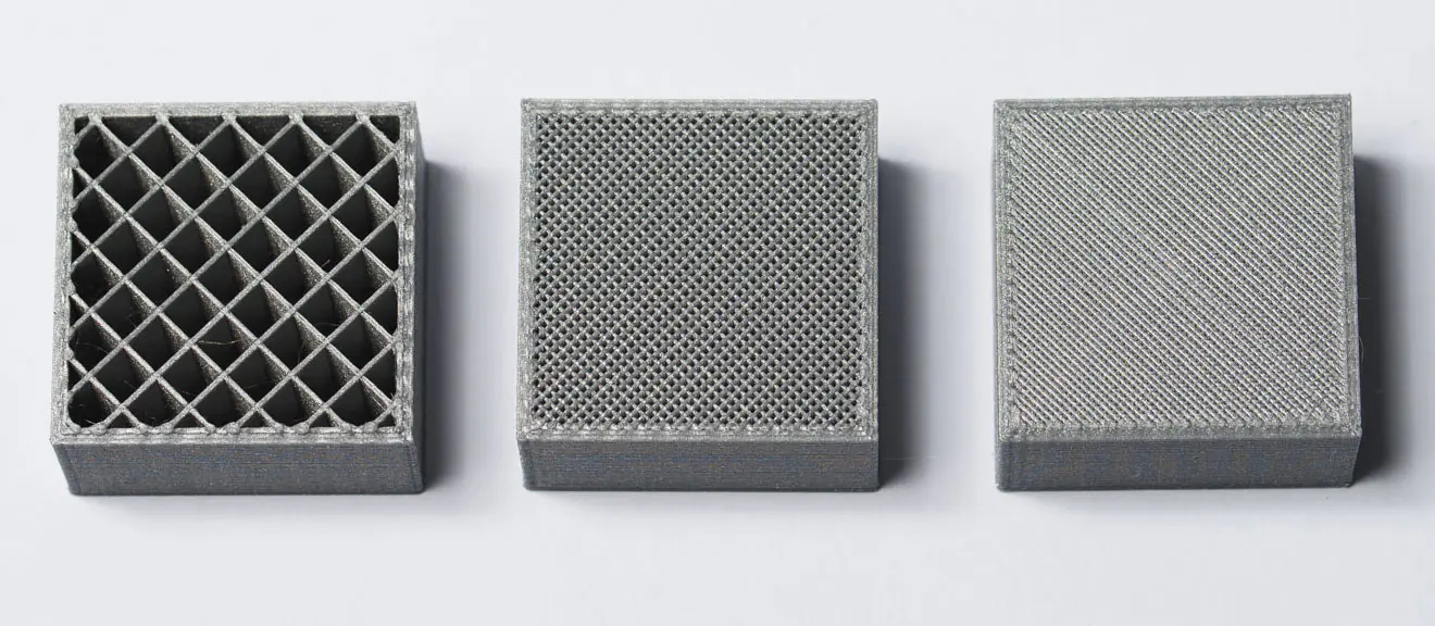 Comparison of different FDM infill densities showing impact on watertightness